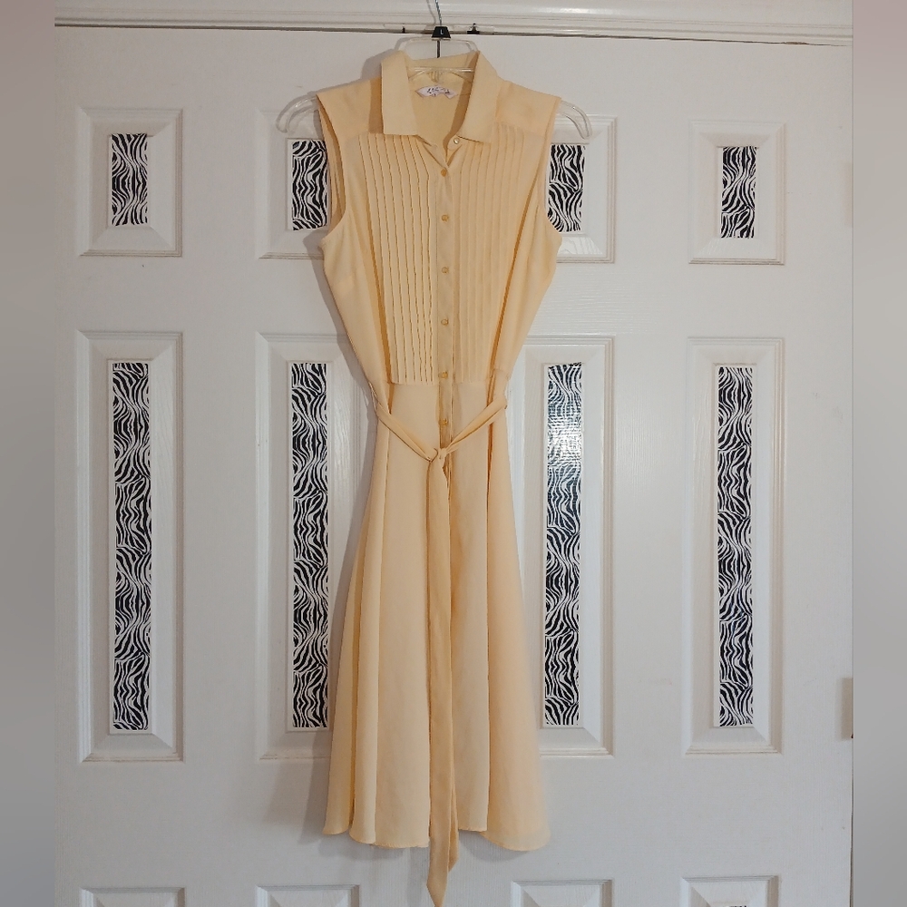 Nanette Lepore Light Yellow Midi Dress Size 6 Pleated Bodice Button Front